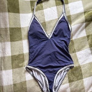 Navy Blue Halter Swimsuit with White Trim